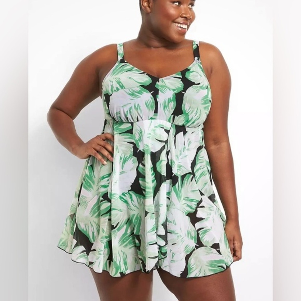 Cacique Swim Women's Palm Print Mesh Fly Away No-Wire Swim Dress Size 22